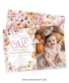 Little Pumpkin 1st Birthday Invitation with Photo – PrinterFairy Photo Theme, Birthday November, Birthday Invitation With Photo, Summer Invitation, Pumpkin 1st Birthdays, Themed 1st Birthday, Invitation With Photo, 1st Birthday Invitation, Pumpkin Party