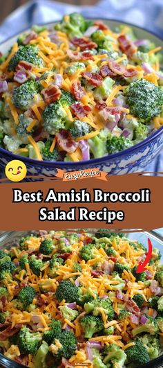 broccoli salad with ham and cheese in a blue bowl on a table top