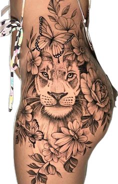 Bum Tattoo Women, Lion Tattoo On Thigh, Thigh Piece Tattoos, Cute Thigh Tattoos, Hip Thigh Tattoos, Hip Tattoos Women, Tattoos For Black Skin, Leg Tattoos Women