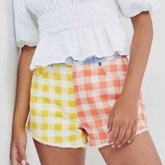 Nwt Brand: Farm Rio Size: Large Color: Orange, Yellow, Blue, White A Delightfully Colorful Gingham Print Transforms These Shorts Into The Ultimate Mood-Boosting Summer Staple. When Paired With A Romantic Blouse, They Have Us Daydreaming Of Picnics And Beach Getaways. - Exclusively For Anthropologie - Cotton - Side Slant And Back Patch Pockets - Front Zip - Machine Wash Plaid Beach Bottoms For Spring, Plaid Bottoms For Beach In Spring, Short Spring Bottoms With Patchwork, Trendy Summer Shorts With Patchwork, Trendy Patchwork Shorts For Summer, Casual Patchwork Shorts For Spring, Trendy Patchwork Shorts For Spring, High Waist Color Block Bottoms For Summer, High Waist Plaid Summer Bottoms