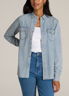 Women's Tall Denim Shirt | American Tall Jeans For Tall Women, Denim On Denim Looks, Clothing For Tall Women, Womens Denim Shirt, Extra Long Sleeves, Slim Fit Pants, Tall Women, American Shirts, Women Clothes