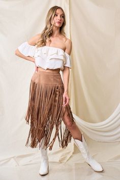 Parton Fringe Skirt - Tan - The Farmhouse AZ Fall Fitted Suede Skirt, Fitted Suede Skirt For Fall, Fall Festival Fringe Skirt, Chic Fringe Skirt For Fall, Chic Brown Fringe Skirt, Chic Festival Skirt, Elegant Fringe Skirt For Fall, Faux Leather Skirt Outfit Fall, Leather Skirt Outfit Fall