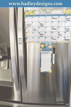 a refrigerator with magnets on the door and a calendar attached to it's side