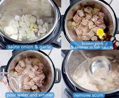 four pictures showing how to make chicken and potatoes in the instant pot with broth