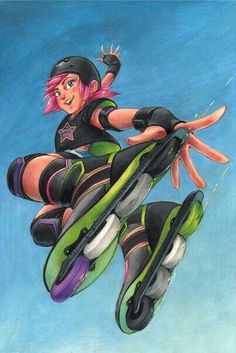 a painting of a woman on roller skates in the air with her arms outstretched