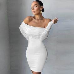 White Off Shoulder Long Sleeve Frill Mini Bandage Dress - Rumor Apparel White Bodycon Mini Dress, White Bandage Dress, White Bodycon, White Off Shoulder, Dinner Dress, Little White Dresses, Draped Dress, Rehearsal Dinner, Fashion Girl