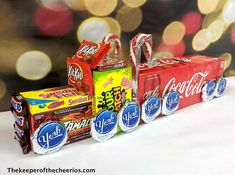 an assortment of soft drinks and candy bars