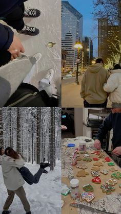 several pictures of people making ginger cookies in the snow and on the ground, with buildings in the background