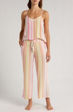 Supersoft modal means instant relaxation in sorbet-hued striped pajamas featuring a cami with ladder-stitch insets and cropped pants with a rope drawstring. 16 1/2" top center front length; 29 1/2" inseam; 21" leg opening; 12" front rise; 15" back rise (size Medium) Camisole has V-neck; adjustable straps Pants have elastic/drawstring waist 100% modal Machine wash, tumble dry Imported Striped Sleepwear For Summer Loungewear, Striped Sleepwear For Vacation, Spring Vacation Sleepwear Long Pants, Spring Striped Sleepwear For Loungewear, Striped Sleepwear For Spring Lounging, Striped Sleepwear For Spring Loungewear, Striped Sleepwear For Summer Vacation, Casual Striped Sleepwear For Summer, Striped Pajamas