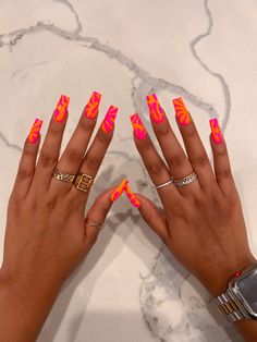 Summer Neon Acrylic Nails, Orange And Red Acrylic Nails, Orange Nails Summer Design, Pink Red And Orange Nails, Neon Orange Nail Ideas Summer, Bright Tropical Nails, Nail Art Orange And Pink, Funky Summer Acrylic Nails, Hot Pink And Orange Nails Acrylic