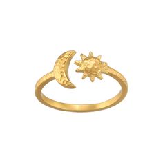 Under the light of the celestial bodies, our spirits are illuminated with ancient wisdom; we are inspired to reach for our dreams. An 18KT gold plate adjustable ring is adorned with a crescent moon and a gleaming sun, symbols of protection and vitality--perfect for layering or wearing alone. Sun - Vitality, leadership, Sun Symbols, Symbols Of Protection, Sun And Moon Rings, Satya Jewelry, Meaningful Necklace, Starburst Earrings, Dream Symbols, Moon Sun, Moon Ring