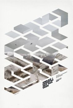 an abstract poster with multiple squares and mountains in the background, all over white paper