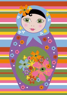 an image of a russian mat doll with flowers on it's head and stripes in the background