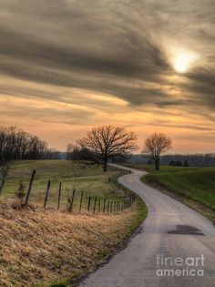 the sun is setting over an empty country road with trees and grass on either side