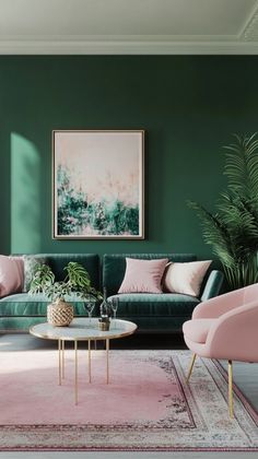 a living room with green walls and pink furniture