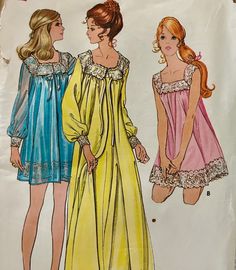 ~ Vintage Butterick sewing pattern # 5938 ~ pretty lingerie baby doll, long sleeve and sleeveless with matching robe ~ neatly cut ~ complete with instructions * Photos are an important part of my listing and description, please do view all of them. You may buy with confidence on my listings, please feel free to check my 100% positive feedback rating! I pack well and ship promptly , often same day as payment! Check out my 100% positive feedback :) Butterick Patterns Vintage, Nightgown And Robe, Nightgown Pattern, Nightgown Robe, Lingerie Patterns, Vintage Pajamas, Lingerie Vintage, Peignoir Sets, Vintage Nightgown