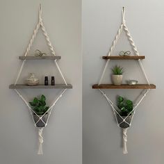 two shelves with plants and bottles on them hanging from the wall next to each other