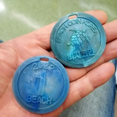 two blue plastic tags in the palm of someone's hand