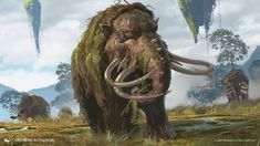 an artist's rendering of two wooly mammoths with long tusks