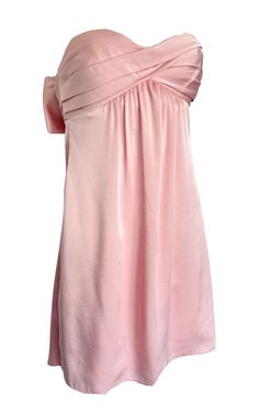 This BCBG Maxazria dress features a light pink satin material, a strapless design, and an adorable oversized bow at the back. It also has a fitted silhouette and a convenient side zip fastening.Materials: PolyesterDry Clean Only Formal Pink Silk Strapless Dress, Chic Pink Silk Strapless Dress, Pink Satin One Shoulder Mini Dress, Formal Pink Silk Mini Dress, Pink One Shoulder Dress For Spring Formal, Spring Pink One Shoulder Dress For Formal Occasions, Pink Satin One-shoulder Dress For Cocktail, Pink Silk Strapless Evening Dress, Feminine Pink Strapless Dress With Straight Neckline