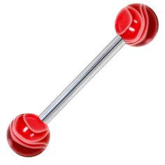 a pair of red plastic balls on a metal barbell with two silver tips and one red ball