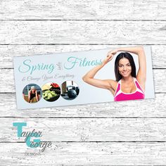 a white wooden table with a sign that says spring fitness and an image of a woman's torso