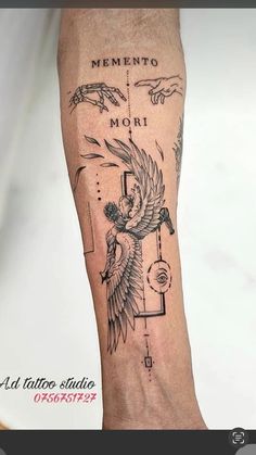 a person with a tattoo on their leg and arm that says memoino mori