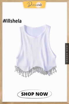 Women Fashion Camis with Beading Hem Cropped Sleeveless Vest Vintage O Neck Female Chic Lady Crop Tank Tops Embellished Summer Vest, Embellished Sleeveless Vest For Party, Embellished Sleeveless Party Vest, Fitted Beaded Sleeveless Tank Top, Embellished Fitted Sleeveless Crop Top, Embellished Tank Top For Summer, White Embellished Tank Top, White Embellished Sleeveless Tank Top, Embellished Sleeveless White Top