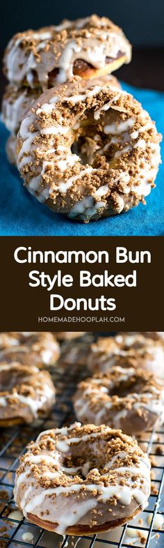 cinnamon bun style baked donuts on a cooling rack