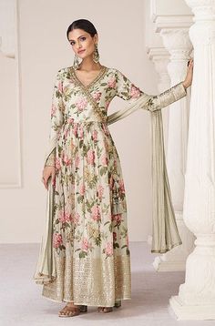 Silk Anarkali Suits Party Wear, Angrakha Style Anarkali, Kaftan Style Dresses, Floral Anarkali, Silk Anarkali Suits, Angrakha Style, Silk Anarkali, Party Wear Gown, Kaftan Style