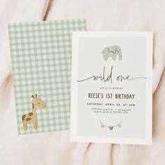 two birthday cards with an elephant and giraffe on them