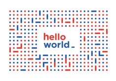 the words hello world are printed in red, white and blue squares on a white background