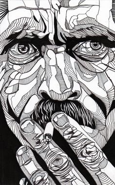 a black and white drawing of a man's face with his hands in his mouth