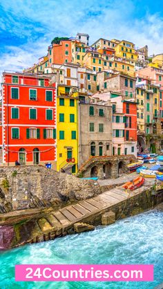 colorful buildings line the shore of a river in italy with text overlay that reads, 24 countries com