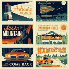 four different vintage travel posters with mountains, trees and cars in the middle one has an orange car on it