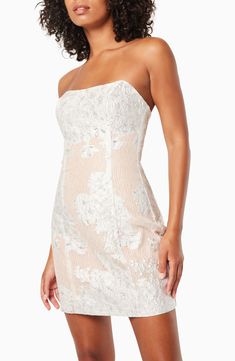 Textured blooms lend enchanting charm to this stem-showing dress designed in a sleek strapless silhouette. 29" length Hidden back-zip closure Strapless Lined 100% polyester Dry clean Imported Woman Beach, Beach Wedding, Designer Dresses, Dry Clean, Sleek, Nordstrom, Mini Dress, Wedding Dress, Dresses