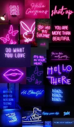 various neon signs are shown in different colors