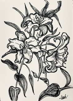 a black and white drawing of some flowers