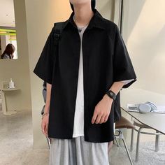 Wiaofellas - Summer Men Fashion Short Sleeve Solid Color Shirts Man Casual Oversized Blouses Men's Loose Turn Down Collar Shirt H740 Size Information(cm) M: Length 67cm, Bust 108cm, Shoulder 48cm, Sleeve 16.5cm, L: Length 69cm, Bust 110cm, Shoulder 50cm, Sleeve 18.5cm, XL: Length 71cm, Bust 112cm, Shoulder 52cm, Sleeve 20.5cm, 2XL: Length 73cm, Bust 114cm, Shoulder 54cm, Sleeve 22.5cm, Oversized Black Collared Top, Oversized Black Casual Shirt, Oversized Black Shirt For Spring, Black Oversized Shirt For Spring, Spring Oversized Black Shirt, Spring Black Oversized Shirt, Black Half Sleeve Shirt For Streetwear, Black Oversized Short Sleeve Shirt, Black Short Sleeve Shirt For Spring Streetwear