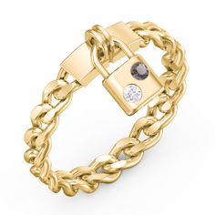 10K Yellow Gold Engravable Padlock Chain Ring with Gemstones | Jewlr Luxury Gold Chain Ring For Anniversary, Simple Silver Jewelry, Lock Ring, Engraved Initials, Mens Engagement, Modern Ring, Wedding Watch, Silver Bangle, Watch Gifts