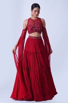 Lehenga Blouse Designs Halter Neck, Halter Neck With Sleeves Dress, Halter Top Lehenga, Halter Neck Lehenga Blouse, Halter Neck Blouse With Sleeves, Beaded Blouse Designs, Halter Neck Back Design, Outfit From Scratch Ideas, Partywear Blouse Designs