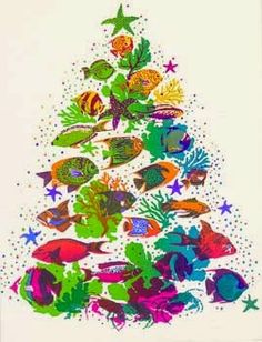 a christmas tree made out of fish and starfish on a white background with stars