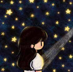 a drawing of a girl looking up at the stars in the sky with a flashlight