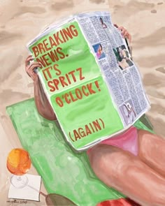 a painting of a woman laying on the beach reading a newspaper with her legs crossed