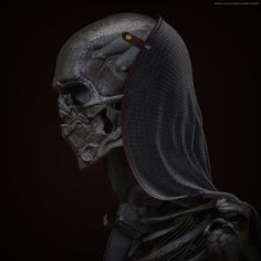 a skeleton wearing a veil and holding a knife in it's mouth, with the hood pulled back