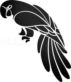 a black and white silhouette of a parrot's head with its wings spread out