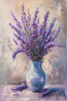 a painting of lavender flowers in a blue vase on a purple tablecloth with white background