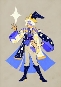 a drawing of a man dressed in blue and white with a star above his head