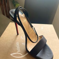 Nappa Black Loubi Queen 120 In Size 36.5. Wore It Once For Like 2 Hours. Almost Brand New. Includes Box Dust Bags And Extra Heel. Luxury Red Sole Ankle Strap Heels, Luxury Ankle Strap Heels With Red Sole, Luxury Heels With Red Sole And Ankle Strap, Formal Leather Sandals With Red Sole, Black Open Toe Heels For Business, Black Calf Leather Evening Sandals, Elegant Black Calf Leather Sandals, Elegant Heels With Red Sole In Calf Leather, Elegant Calf Leather Heels With Red Sole