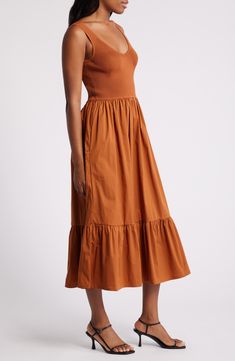 A ribbed bodice and poplin skirt bring eye-catching appeal to this midi dress fashioned in a fit-and-flare silhouette. V-neck Sleeveless 55% rayon, 45% nylon with 55% cotton, 42% nylon, 3% elastane contrast Dry clean Imported Poplin Skirt, Astr The Label, Rust Dress, Nordstrom Dresses, Fit Flare Dress, Fit & Flare, Flare Dress, The Label, Fit And Flare